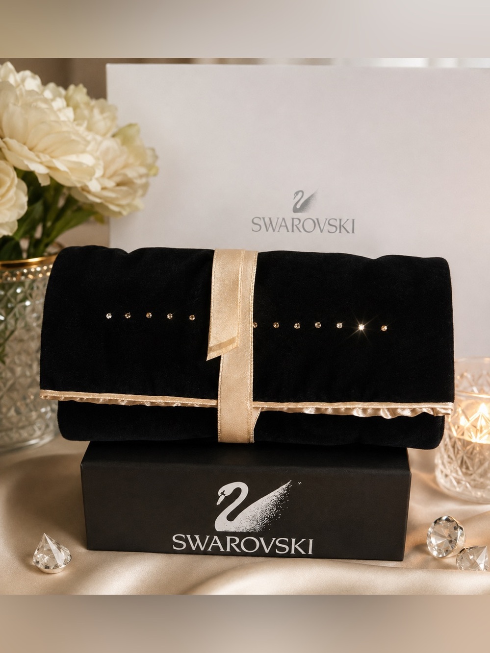 Swarovski Black Velvet Gold Satin Travel Jewelry Roll Pouch Case Organizer NEW